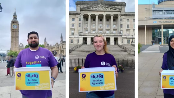 Young People holding our petition box outside the 4 nations delivering the petition