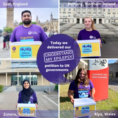 Young People holding our petition box outside the 4 nations delivering the petition