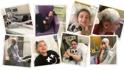 A photo collage of a young girl's experiences at hospital