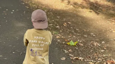 A boy takes a walk in the forest.