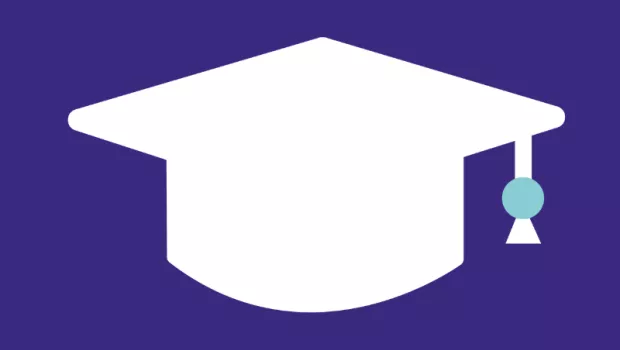 Graphic design of a graduation mortarboard on a purple background