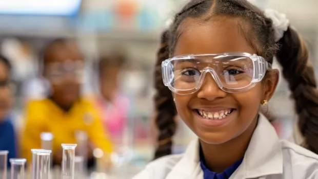 young girl smiling dressed in a lab coat and eye goggles