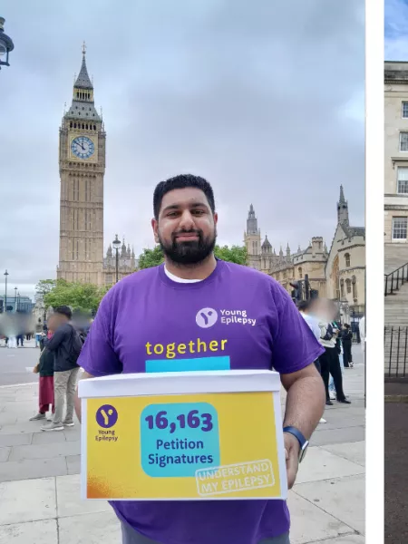 Young People holding our petition box outside the 4 nations delivering the petition