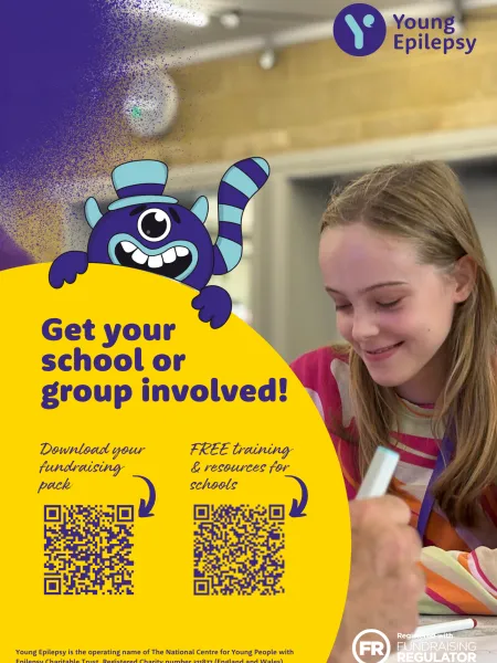 School fundraising flyer with QR codes and girl smiling doing schoolwork